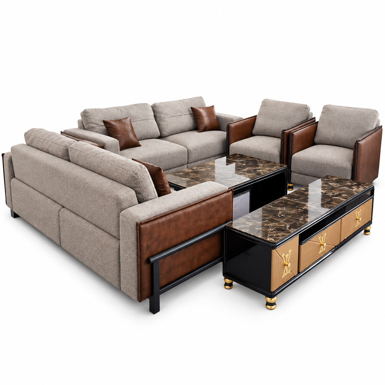 Contemporary 8-Seater Modular Fabric & Leather Living Room Set