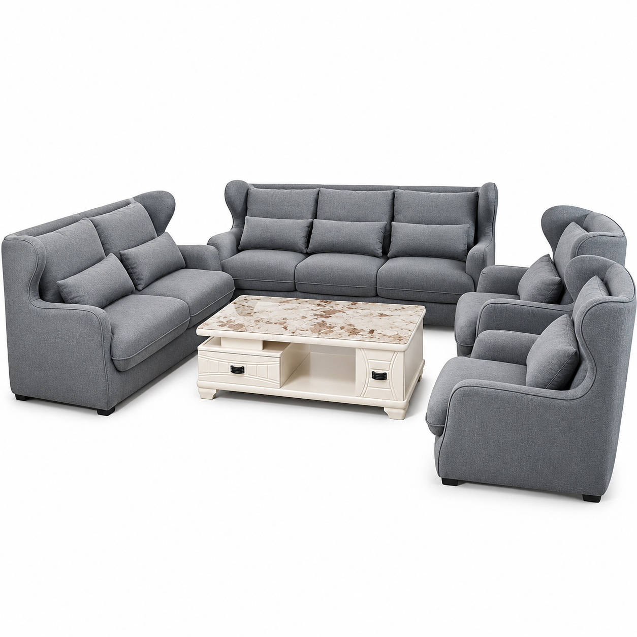 Contemporary 7-Seater Wingback Fabric Sofa Set
