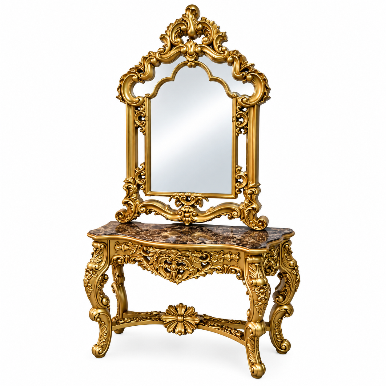 Royal Mirror Console – Luxury Gold Carved Console Table