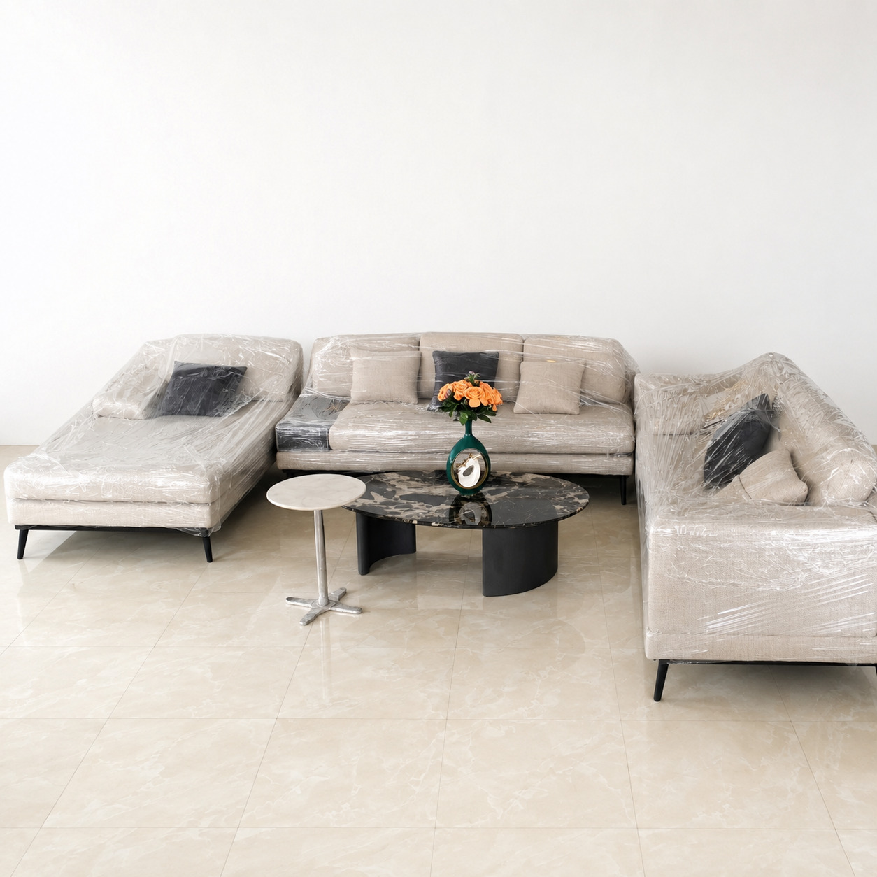 Luxurious White Fabric L-Shape Sofa